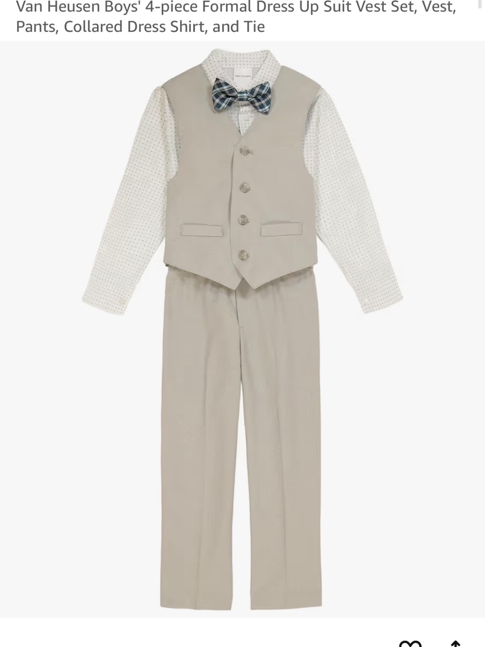 Van Heusen Boys Tan Vest, Pants, White Dotted Shirt & Blue Plaid Bow Tie